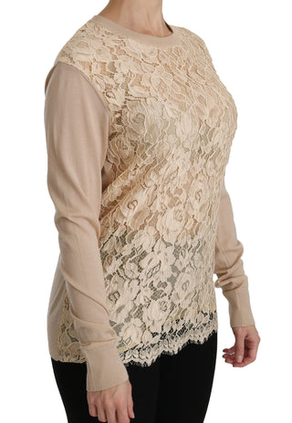 Dolce & Gabbana Beige Lace Long Sleeve Top Cashmere Blouse