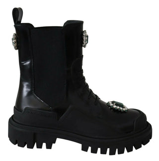 Dolce & Gabbana Elegant Black Leather Combat Boots with Crystal Detail