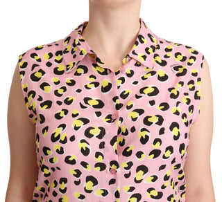Love Moschino Pink Leopard Print Sleeveless Collared Polo Top