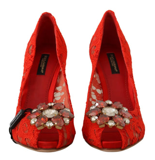 Dolce & Gabbana Red Crystal Taormina Lace Heels Pumps