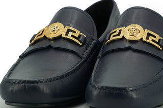 Versace Elegant Navy Blue Calf Leather Loafers