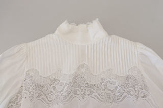 Dolce & Gabbana White Cotton Lace Trim Turtle Neck Blouse Top