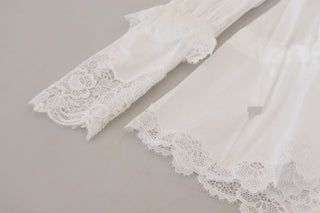 Dolce & Gabbana White Cotton Lace Trim Turtle Neck Blouse Top
