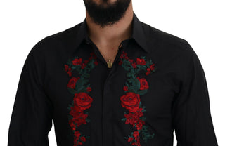 Dolce & Gabbana Black Floral Embroidery Men Long Sleeves GOLD Shirt