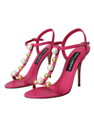 Dolce & Gabbana Pink Embellished Leather Sandals Heels Shoes