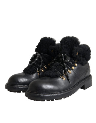 Dolce & Gabbana Black Leather Bernini Shearling Boots Shoes