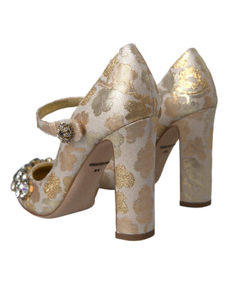 Dolce & Gabbana Gold Jacquard Crystal Mary Janes Pumps Shoes