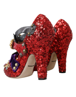 Dolce & Gabbana Red Sequined Crystal Mary Janes Pumps Shoes