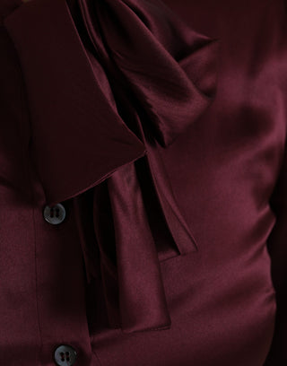 Dolce & Gabbana Maroon Ascot Collar Long Sleeve Top Blouse