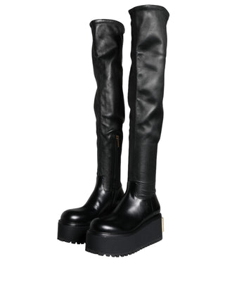 Dolce & Gabbana Black Leather Logo Knee High Boots Shoes