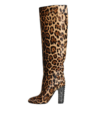 Dolce & Gabbana Beige Black Leopard Knee High Boots Shoes