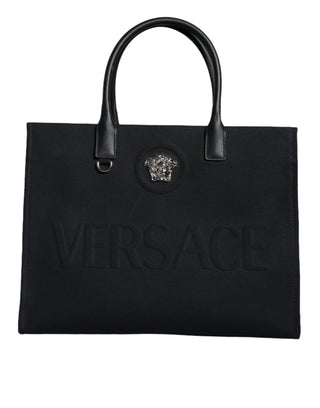 Black Top Handle Canvas Leather Logo Shopping Tote Bag