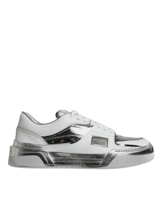 White Silver Leather Low Top Sneakers Shoes