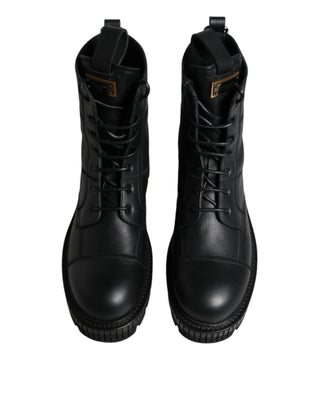 Dolce & Gabbana Black Leather Lace Up Mid Calf Boots Shoes