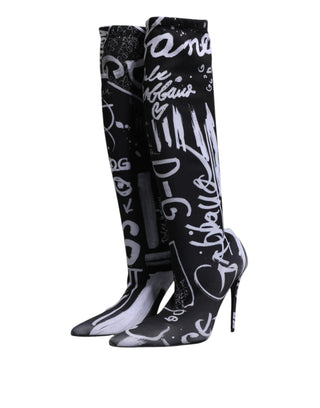 Dolce & Gabbana Black Logo Stretch Heels High Boots Shoes