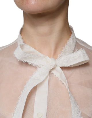 Dolce & Gabbana White Ascot Collar Long Sleeves Blouse Top