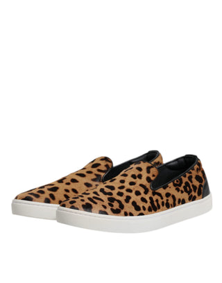 Dolce & Gabbana Brown Calfskin Fur Leopard Sneakers Shoes