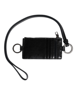 Dolce & Gabbana Black Leather Logo Embossed Lanyard Card Holder Wallet