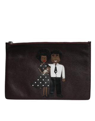 Dolce & Gabbana Brown Leather #DGFAMILY Embellished Men Clutch Pouch Bag
