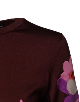 Dolce & Gabbana Maroon Floral Silk Crew Neck Blouse Top