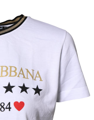 Dolce & Gabbana White Printed Round Neck Top Cotton T-shirt