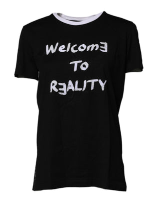 Dolce & Gabbana Black Printed Round Neck Top Cotton T-shirt
