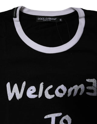 Dolce & Gabbana Black Printed Round Neck Top Cotton T-shirt