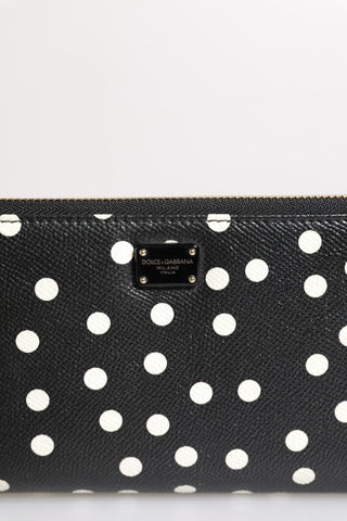 Dolce & Gabbana Black White Dotted Leather Zip Around Continental Wallet