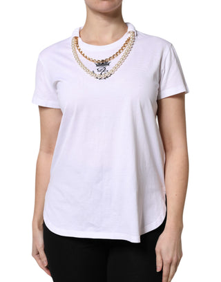 Dolce & Gabbana White Chain Pearl Cotton Round Neck T-shirt