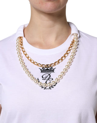 Dolce & Gabbana White Chain Pearl Cotton Round Neck T-shirt