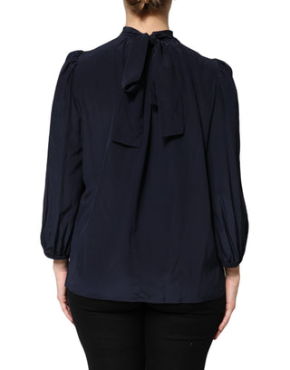 Dolce & Gabbana Blue Silk Mock Neck Long Sleeves Blouse Top