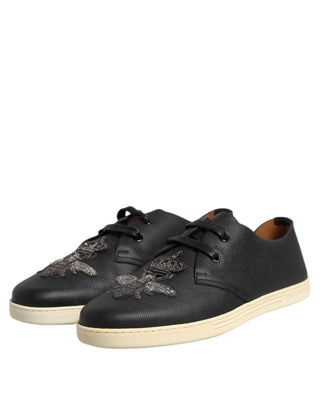Dolce & Gabbana Black Leather Bee Crown Low Top Sneakers Shoes