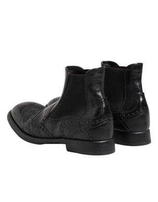 Dolce & Gabbana Black Leather Ankle Boots Slip On Shoes