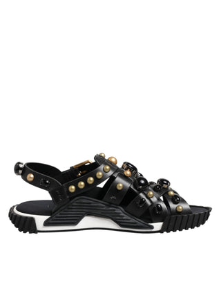 Dolce & Gabbana Black Leather Studded Ankle Strap Sandals Shoes