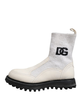 Dolce & Gabbana White Beige DG Logo Mid Calf Boots Shoes