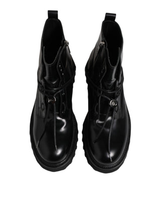 Dolce & Gabbana Black Leather Logo Ankle Boots Lace Up Shoes