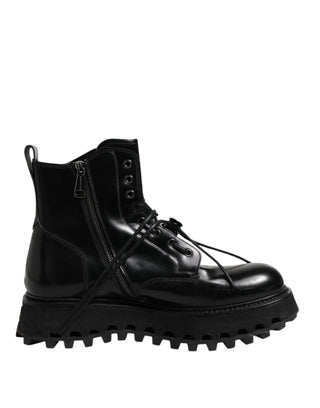 Dolce & Gabbana Black Leather Logo Ankle Boots Lace Up Shoes