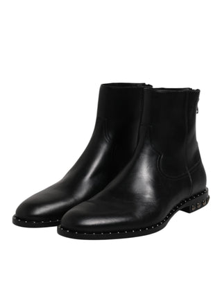Dolce & Gabbana Black Leather Logo Ankle Boots Studded Shoes