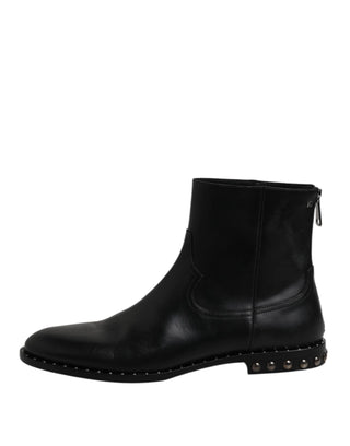 Dolce & Gabbana Black Leather Logo Ankle Boots Studded Shoes