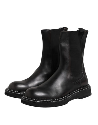 Dolce & Gabbana Black Leather Mid Calf Boots Flats Shoes