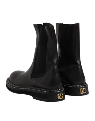 Dolce & Gabbana Black Leather Mid Calf Boots Flats Shoes