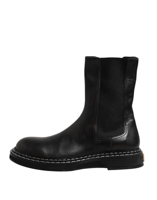 Dolce & Gabbana Black Leather Mid Calf Boots Flats Shoes