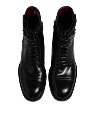 Dolce & Gabbana Black Leather Mid Calf Boots Lace Up Shoes