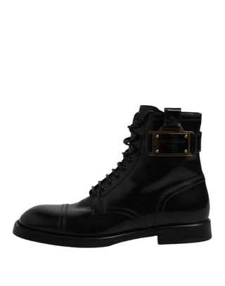 Dolce & Gabbana Black Leather Mid Calf Boots Lace Up Shoes