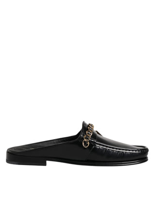 Dolce & Gabbana Black Leather DG Chain Embellished Sandals Shoes