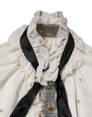 Dolce & Gabbana White Black Silk Long Sleeve Ascot Collar Top