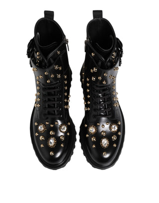 Dolce & Gabbana Black Studded Lace Up Mid Calf Boots Shoes