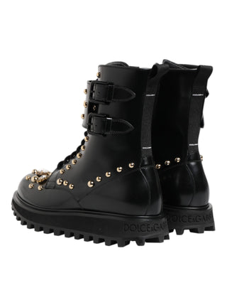 Dolce & Gabbana Black Studded Lace Up Mid Calf Boots Shoes