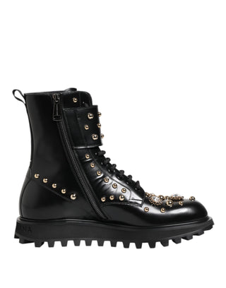 Dolce & Gabbana Black Studded Lace Up Mid Calf Boots Shoes