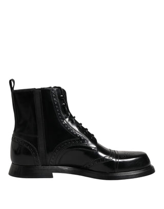 Dolce & Gabbana Black Leather Lace Up Mid Calf Boots Shoes